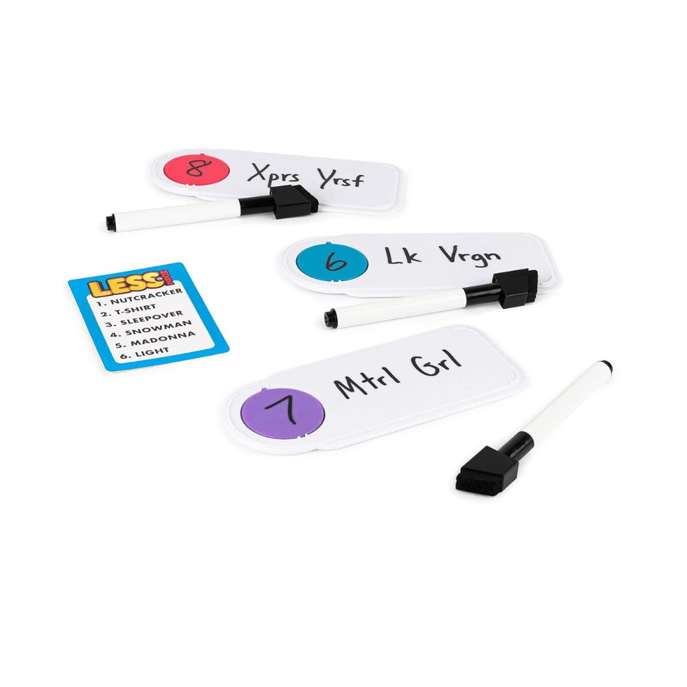 Letter word cards and numbered dry-erase markers with purple, blue, and white pieces