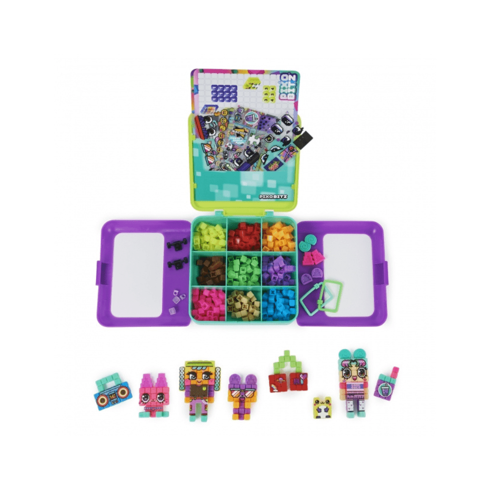 Building toy set with purple organizer case, grid tiles, and character figures