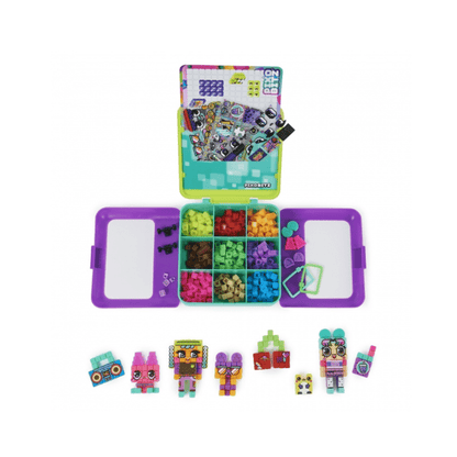Building toy set with purple organizer case, grid tiles, and character figures