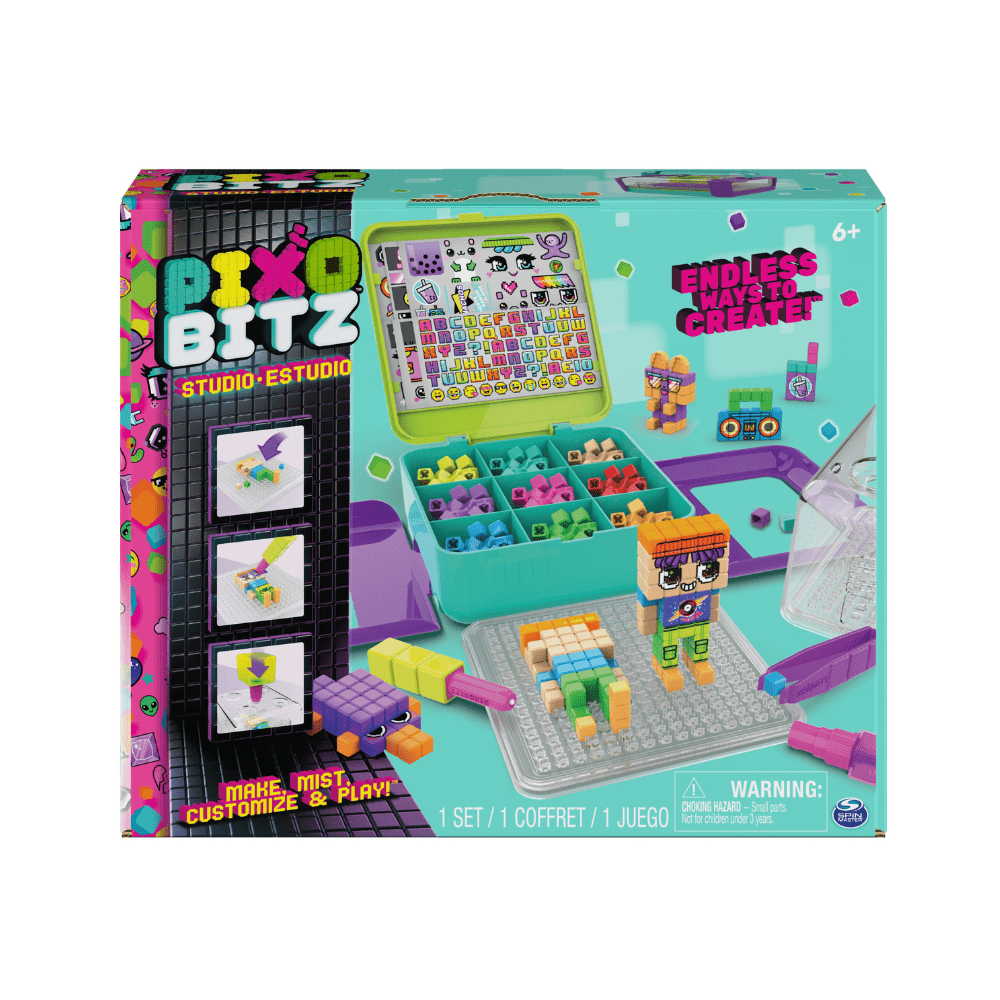 Kids building block game kit with colorful studio-style accessories, 6+ age box