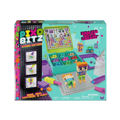 Kids building block game kit with colorful studio-style accessories, 6+ age box