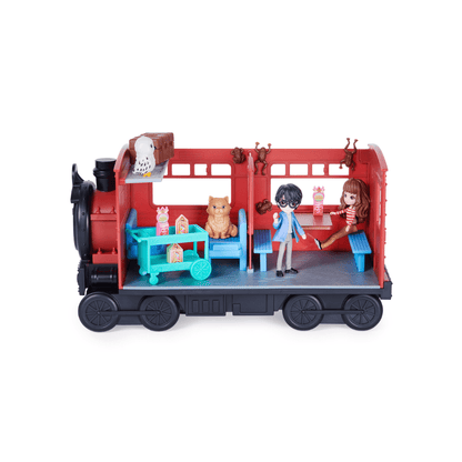 Hogwarts Express toy train with red carriage, blue details, and three character figures