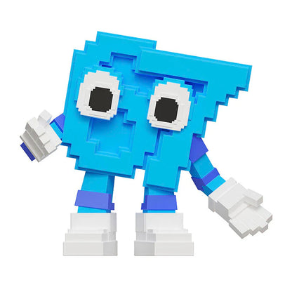 Blue blocky minifigure with big black eyes, white hands and boots