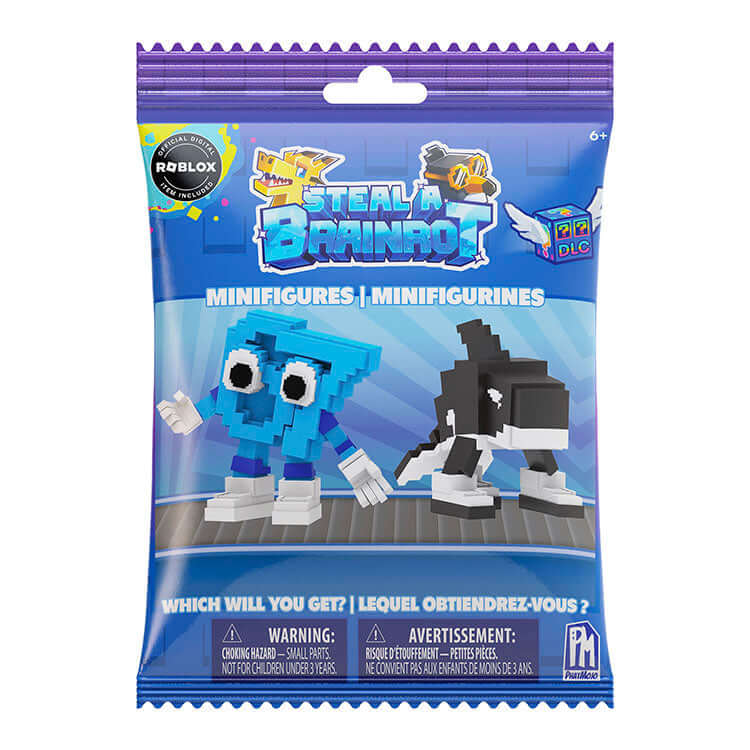 Steal A Brainrot minifigures blind bag packaging, blue and black logo design