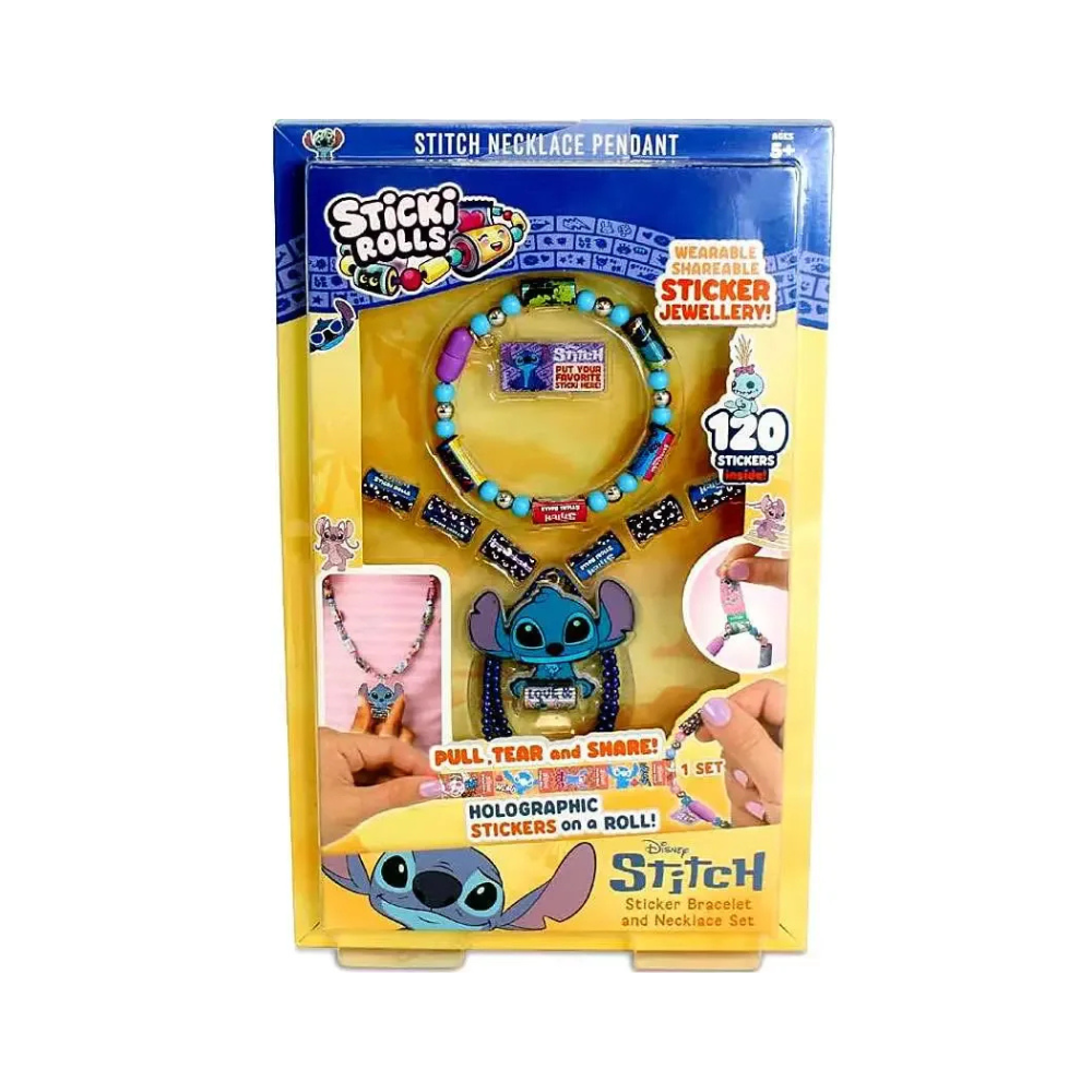Stitch necklace pendant & sticker jewelry set in blister pack, wearables for kids