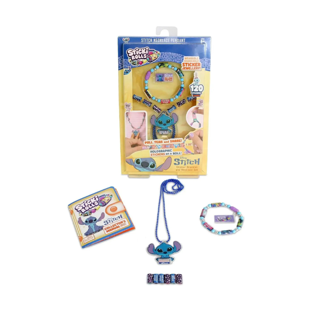 Stitch pendant, beaded bracelet, and holographic sticker pieces with blue cord