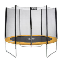 Round trampoline with yellow jumping mat, black net enclosure, and metal support legs