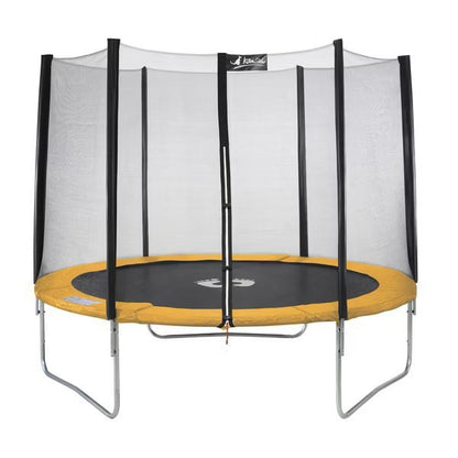Round trampoline with safety net, gray frame, and orange jump mat