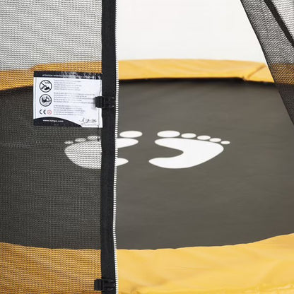 Trampoline jumping mat with white paw print under black safety net edge