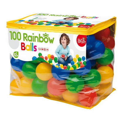 Clear plastic bag of 100 rainbow balls with multicolor plastic spheres