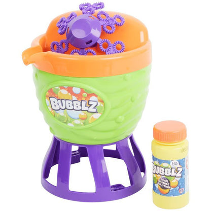 Electronic bubble fountain machine with purple spinner, orange rim, green body, plus bubble bottle