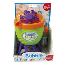 Electronic bubble fountain machine with orange and green base, purple top and legs, in box