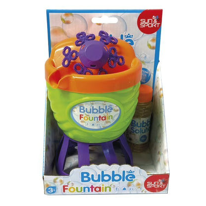 Electronic bubble fountain machine with orange and green base, purple top and legs, in box