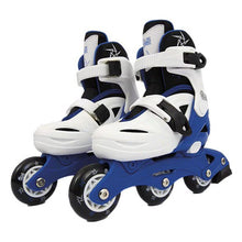 Blue and white roller skates, 3-wheel design, size 26-30, front view