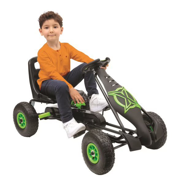 Go-Kart Viper, Kinder beim Sitzen, schwarze Karosserie mit grünen Akzenten