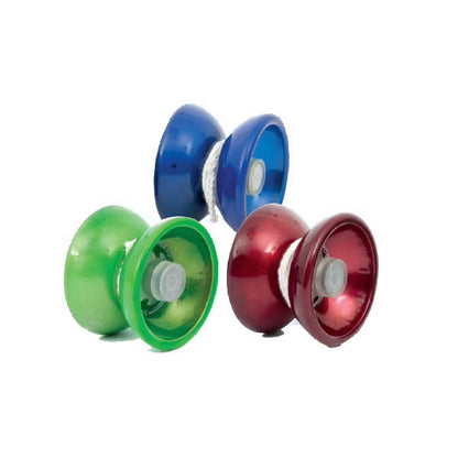 Assorted-color metal bearing yo-yos in green, blue, and red
