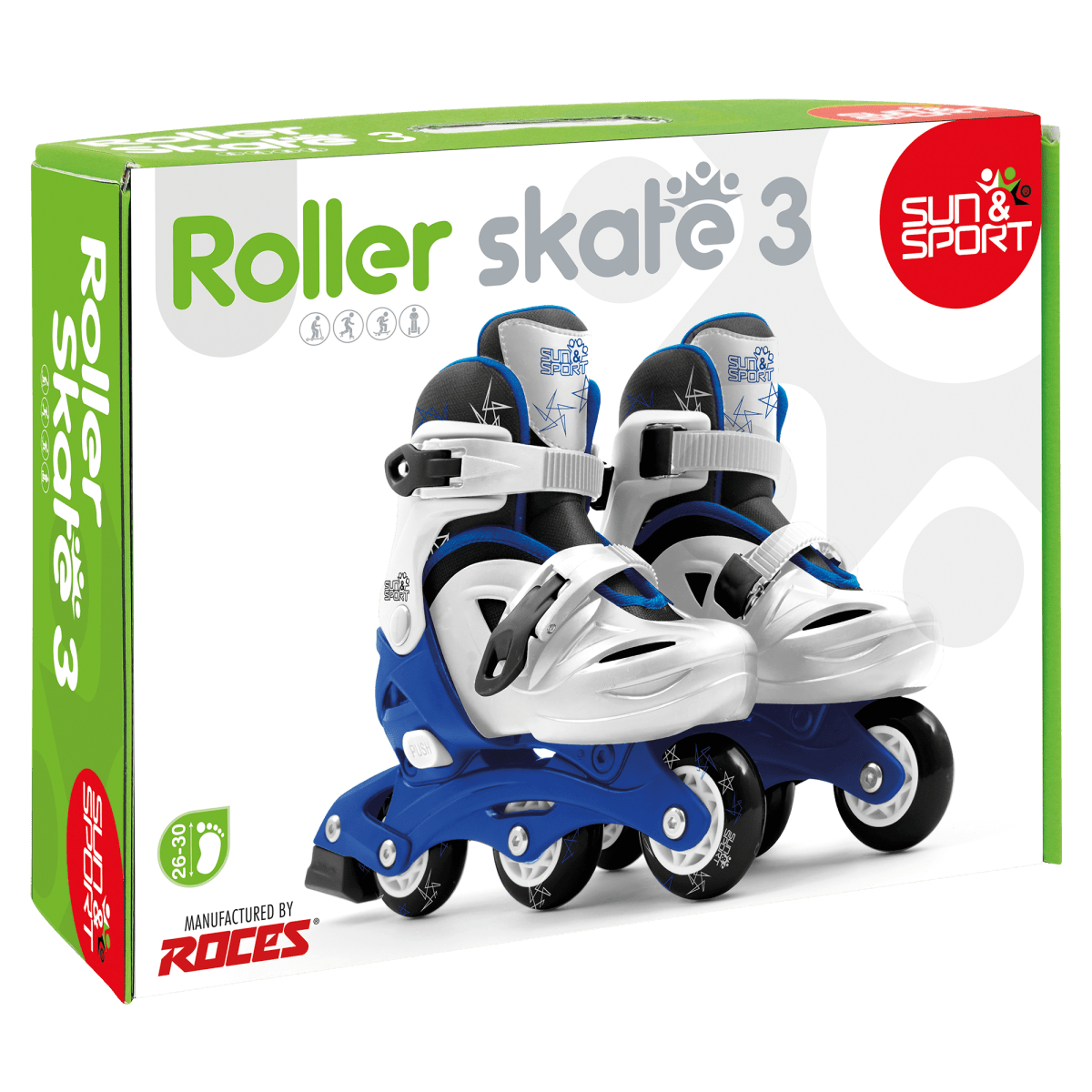 Roller skate product box showing blue and white inline skates
