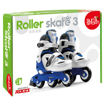 Roller skate product box showing blue and white inline skates
