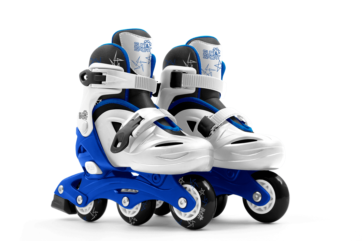 Pair of blue and white inline roller skates with white frames and four black wheels