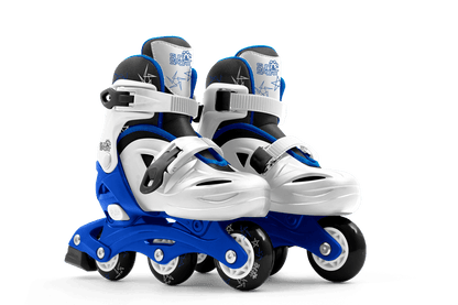 Pair of blue and white inline roller skates with white frames and four black wheels
