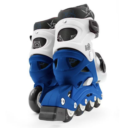 Blue and white roller skates with black wheel guards and black toe caps