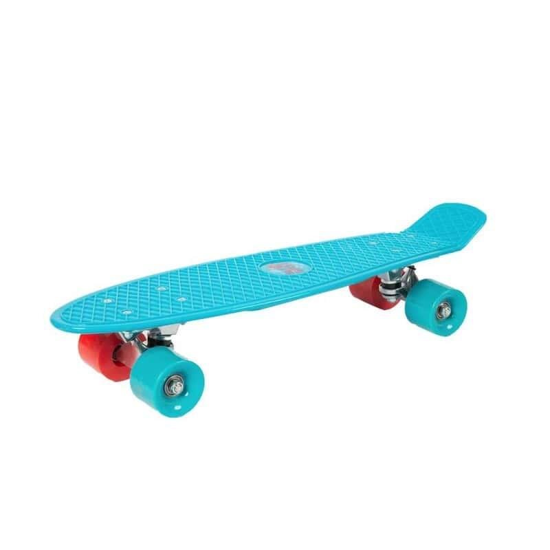 Turquoise vintage skate deck with red trucks and turquoise wheels