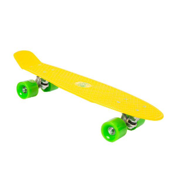 Yellow vintage skateboard with green wheels and metal trucks