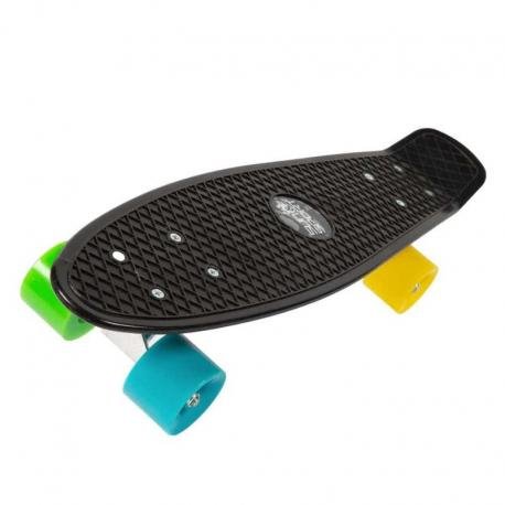 Black vintage skateboard with textured grip deck and blue/green wheels