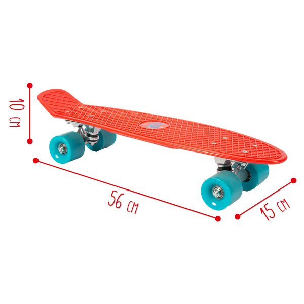 Red vintage skateboard with turquoise wheels and patterned grip deck