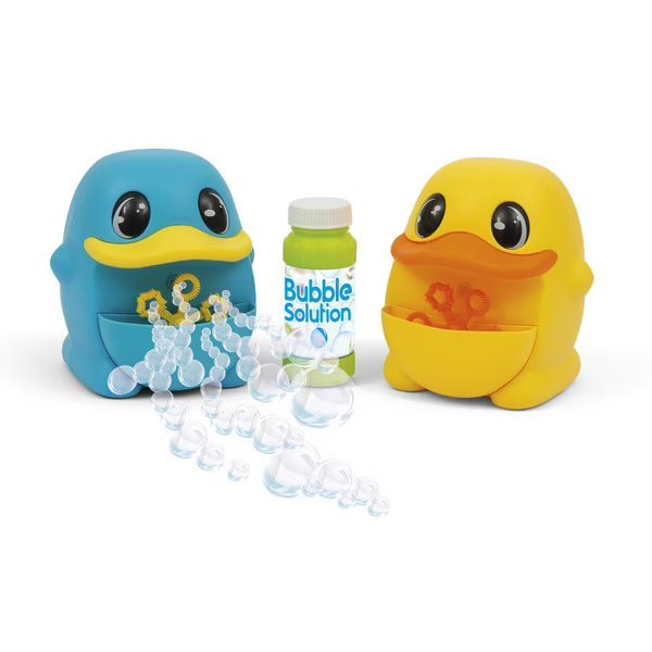 Two duck-shaped bubble machines with bubble solution bottle and bubble stream