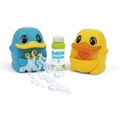 Two duck-shaped bubble machines with bubble solution bottle and bubble stream