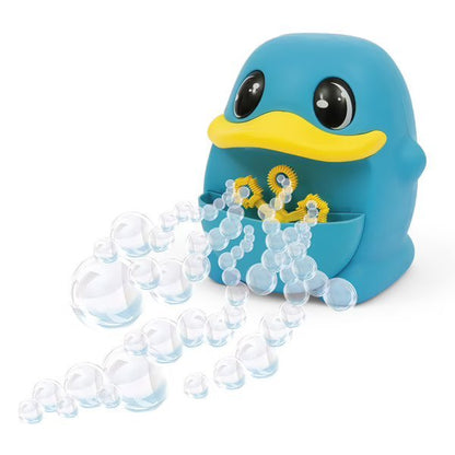 Blue duck-shaped soap bubble machine releasing bubbles from front opening