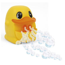 Yellow duck-shaped soap bubble machine with bubbles spilling from front pouch