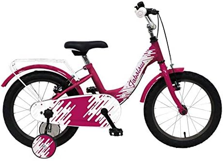 16-inch kid's bicycle, pink with black seat and white training wheels