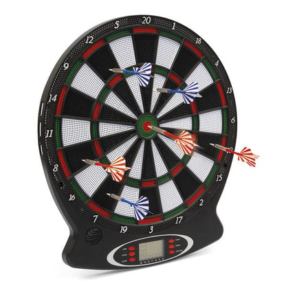 Electronic dartboard with LED display and numbered circular board, darts in flight