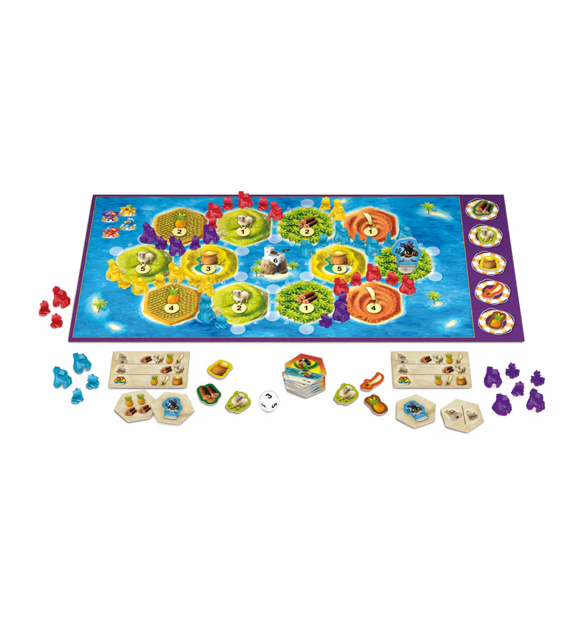 Catan Junior Spielplan mit Regionen-Map, Spielfiguren und Kartenmaterial