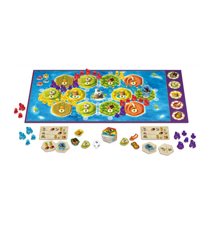 Catan Junior Spielplan mit Regionen-Map, Spielfiguren und Kartenmaterial