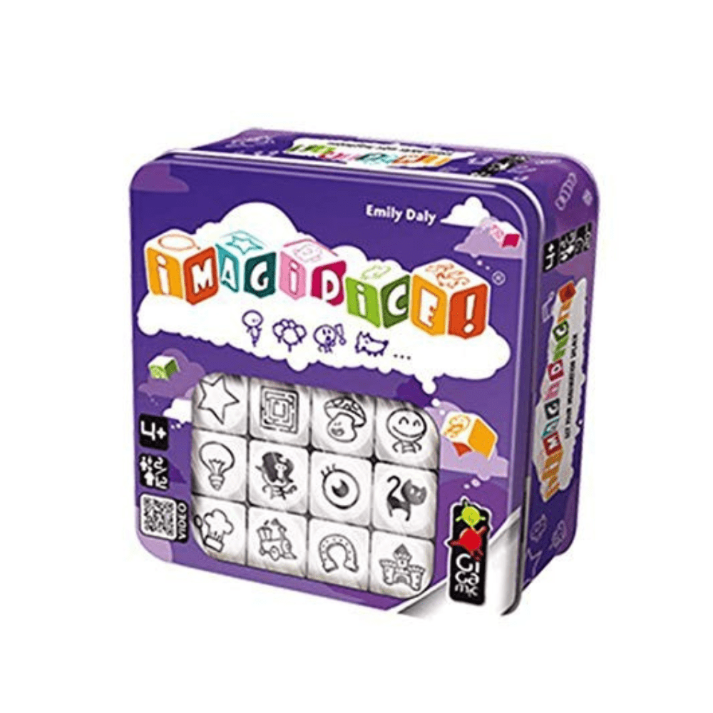 Purple dice tin with icon graphics and cube insert, magic dice game packaging