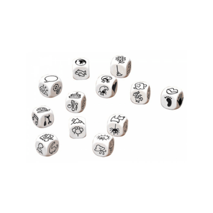 White six-sided dice cubes with black icon symbols, assorted magic dice set