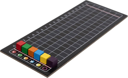 Long hex-grid board with numbered track and multicolor standing tokens