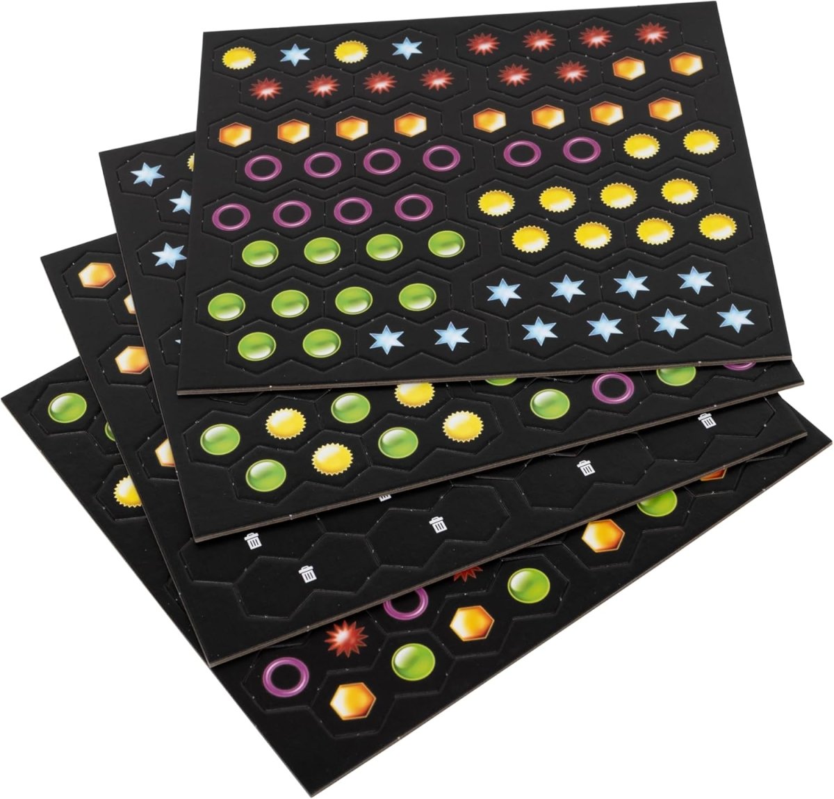 Stacked hex-grid game boards with star, ring, and colored token patterns