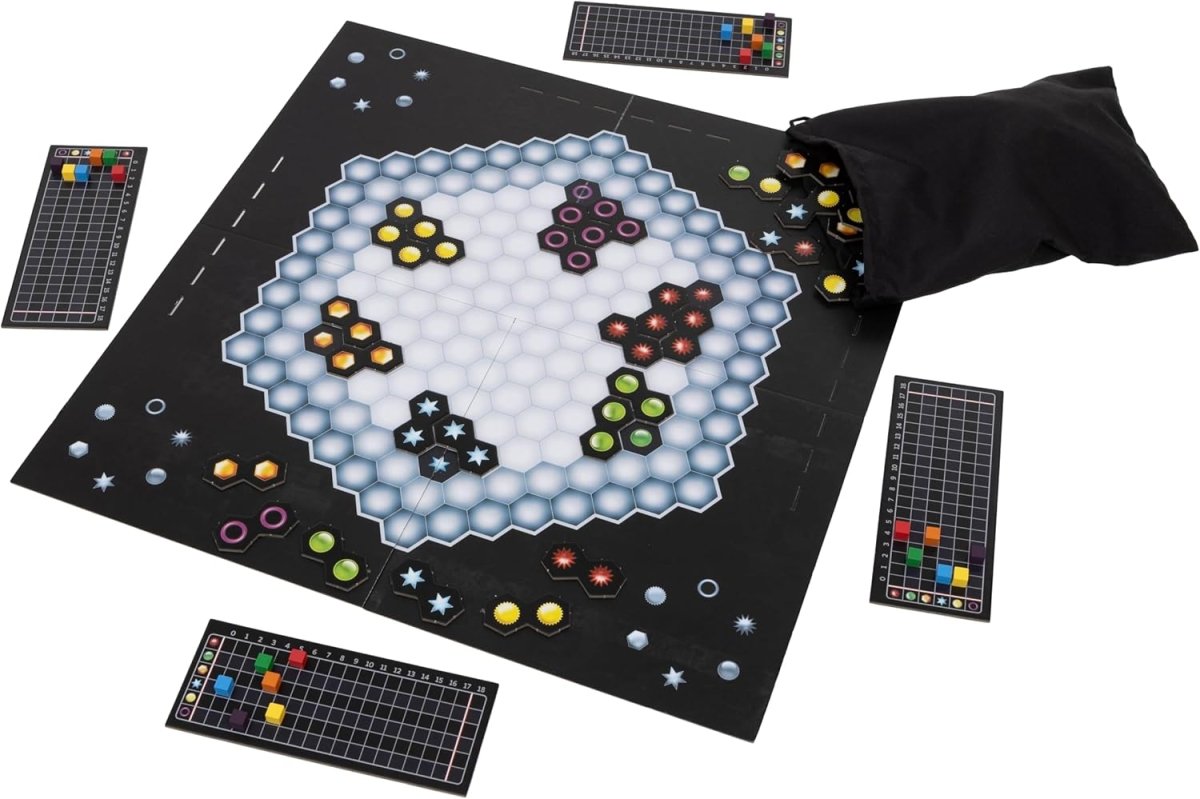 Foldable hex-grid game board with space tokens and black drawstring pouch