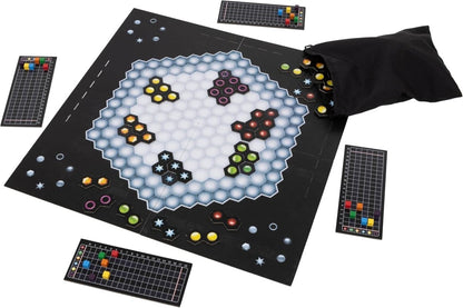 Foldable hex-grid game board with space tokens and black drawstring pouch