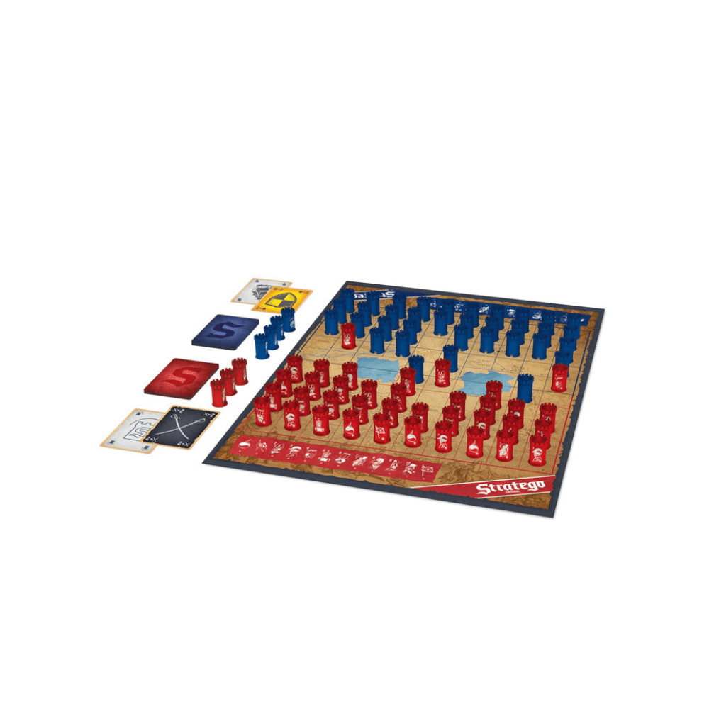 Stratego strategy game board with red and blue piece armies and cards