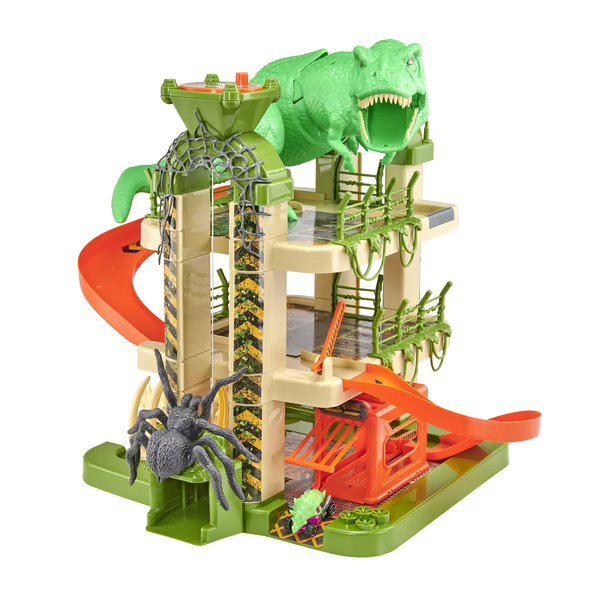 3-level dinosaur car garage playset with green T-rex and orange coaster track