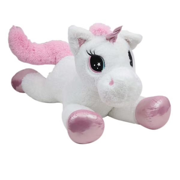 Large white unicorn plush with pink mane, starry eyes, and rounded pink hooves