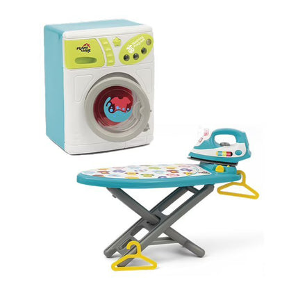 Toy washing machine with front window and a blue steam iron on an ironing board