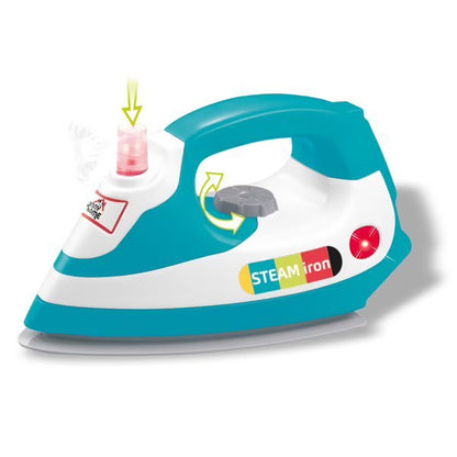 Blue toy steam iron with handle and small water spray bottle