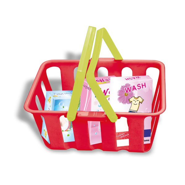 Plastic wash basket with colorful clothing pieces and yellow handles