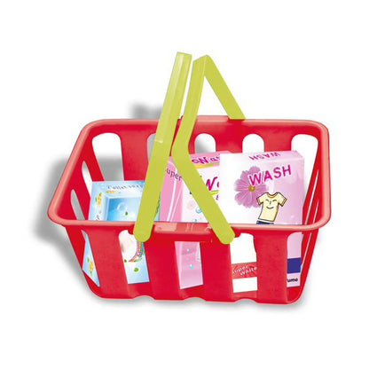 Plastic wash basket with colorful clothing pieces and yellow handles